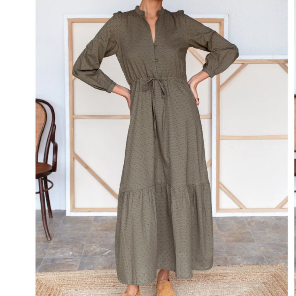 Emerson Fry India Collection Frances Dress in Moss Swiss Dot Organic, Size L